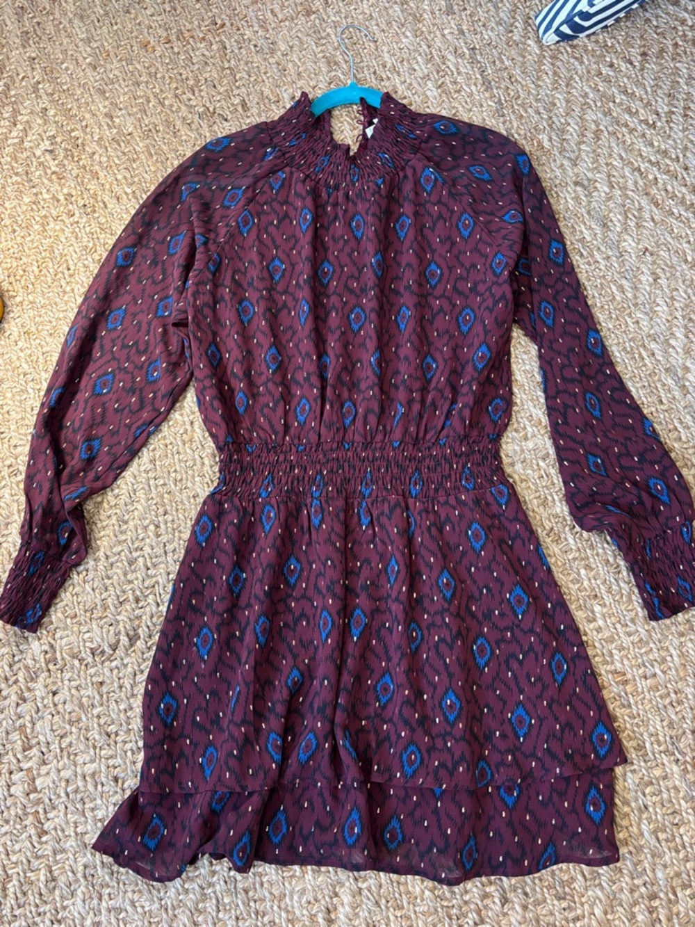 Allison Maroon Boho Smocked Waist Long Sleeve printed mini Dress Sz M